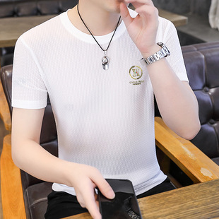 Summer Men's Short-sleeved T-shirt Ice Silk Thin Breathable Cool Half-sleeved Trendy T-shirt High-end Round Neck Plaid Top