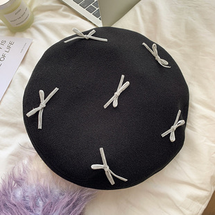 Red Bow Beret Women's 2023 New Autumn and Winter Retro All-Match Painter's Hat Showing Face Small Octagonal Hat