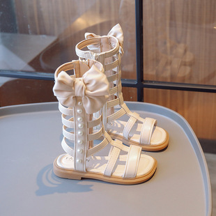 Children's Sandals 2024 Summer New Korean Style Casual High-top Girls' Roman Shoes Little Girl's Bow Princess Shoes