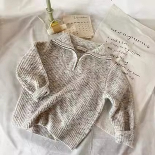 Floral yarn half zipper sweater coat