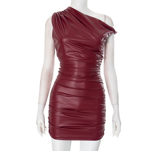 H24DS298 Europe and the United States cross-border women's clothing popular new trend sexy charming elastic matte leather short dress
