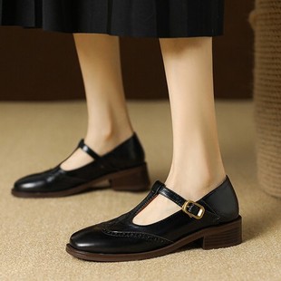 Vintage Round Toe T-shaped Mary Jane Shoes Women's fleece-lined 2024 Spring and Autumn Brock Shoes Leather Loafers