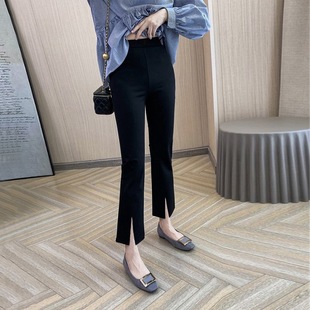 Front Split Flared Pants Women's Summer Black Spring and Autumn Small High Waist Slimming Front Split Pants Casual Slip Pants