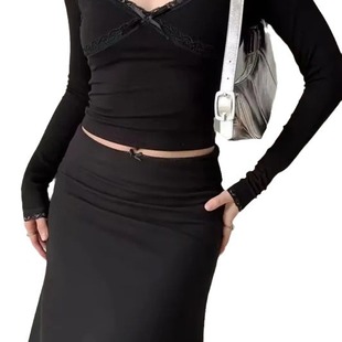 European and American style lace V-neck long-sleeved T-shirt for women 2024 spring new slim fit slimming inner short top