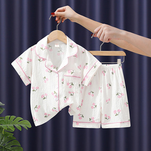 Spot manufacturers wholesale crepe summer short sleeve shorts children's pajamas brand cartoon home wear lapel bubble Cotton