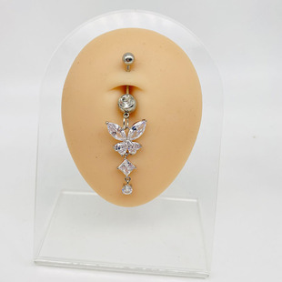 New stainless steel long belly button ring life tree zircon belly button nail Europe and the United States hot selling body piercing jewelry