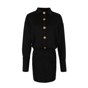 Elegant Waist-Cinching Bodycon Dress with Black Polo Collar Long-Sleeve Shirt Dress for Women, Autumn Suede Slimming Short Dress