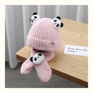Children's Hat and Scarf One-piece Fluffy Hat Autumn and Winter Two-piece Set Cartoon Bow fleece-lined Ear Protection Hat for Baby Boys and Girls