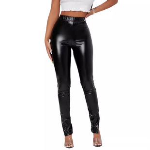New PU Slim Fit Pants Leg Split Leather Pants Design Women's High Waist Elasticated Casual European and American Women's Leggings Trousers