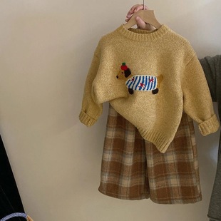 Girls' 2024 Winter New Baby Girl Cartoon Thickened Knitted Sweater Children's fleece-lined Paid Pants 2-piece Set Fashion