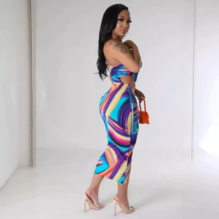2023 Europe and the United States cross-border Amazon summer printing sleeveless loophole back hanging neck strap dress