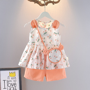 Girls' suit skirt summer short-sleeved princess skirt Korean style Internet celebrity top children's western style skirt two-piece suit