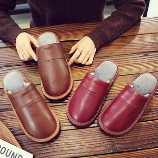 First layer cowhide slippers indoor men's and women's Haining Leather shoes home winter non-slip solid bottom couple cotton slippers