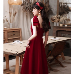 Toast Dress Bride Spring Short Short Wine Red Normal Wear Back Door Lounge Sling Women's Engagement Dress