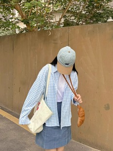 Korean Style Blue and White Plaid Long-sleeved Shirt Women's Spring New Loose Casual College Style All-match Chic Stacked Shirt