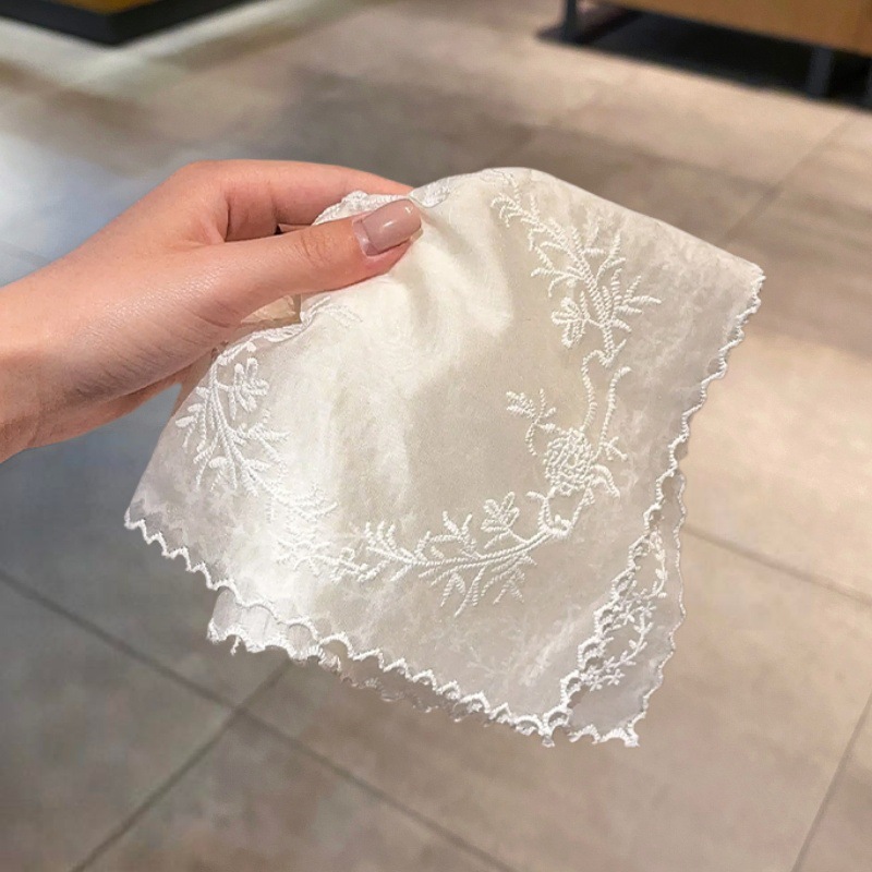 Korean Xu Lu's Same Style Oversized White Lace Embroidered Pattern Square Scarf Hair Tie for Ponytail, Square Hair Accessory to Enhance Hair Volume