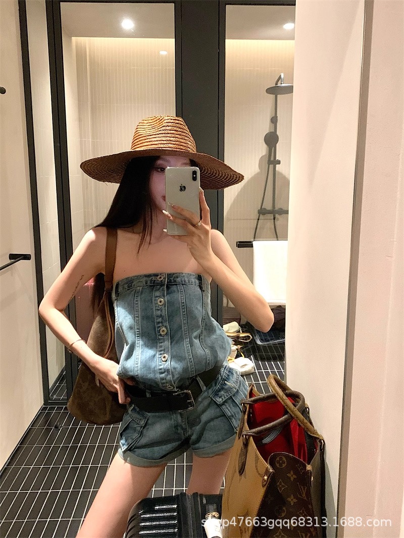 Retro Hot Girl Sexy Tube Top Denim Jumpsuit for Women 2025 Summer New Style Waist-Cinching Slimming Straight-Leg Jumpsuit Shorts