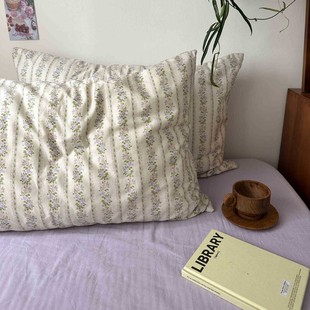 Retro style ins cotton washed cotton pillowcase floral small fresh cotton solid color 48*74cm single pillowcase