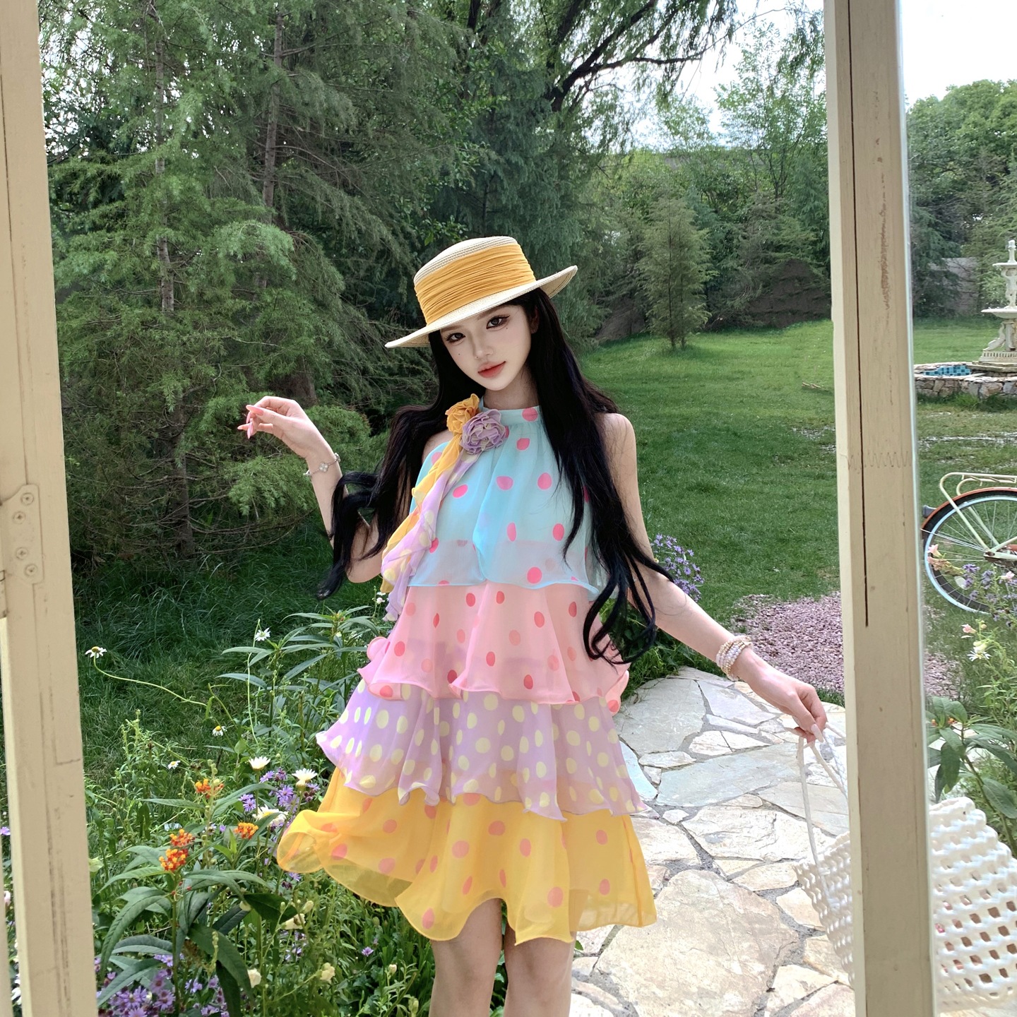 Xinjiang, Northwest China, Yunnan Travel Outfit Dopamine Colorful Polka Dot Halter Neck Cake Dress A-Line Short Skirt Summer