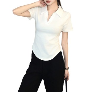 New Pure Cotton Solid Color Single POLO Collar Curved Hem Short Sleeve T-shirt All-match Simple Casual Inner Slim Base