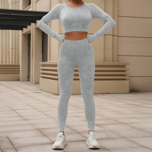 European and American Washed Yoga Clothing suit Women's Long-sleeved Pants Two-piece Set Slim-fit Honey Hip Washed Fitness Pants suit
