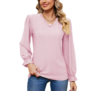 Amazon European and American cross-border foreign trade 2023 autumn and winter New lace V-neck solid color loose long-sleeved T-shirt top women's clothing