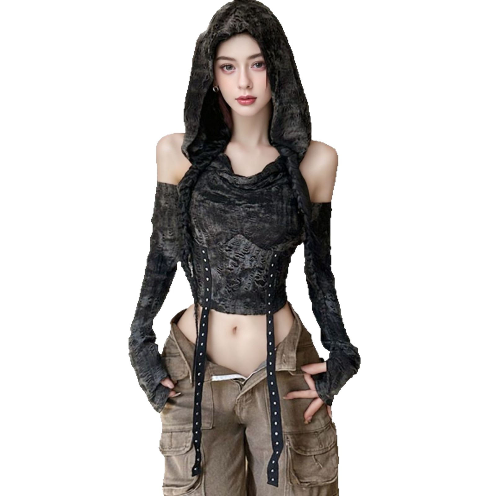 Cross-border 2024 New Arrival WASTE-style Hand-worn Hooded Shoulder Long-sleeved T-shirt Women's Slimming Distinctive Short Top