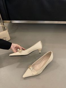 2025 New Year Fashion Women's Shoes Pointed Shallow Mouth Pearl Buckle High-heeled Thin-heeled Commuter Shoes Women's Single-layer Shoes