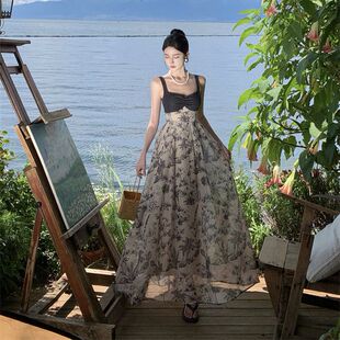 New Chinese style design sense dress stitching high-grade ink printing retro slimming National style suspender dress New