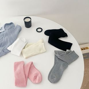 Socks Women's Spring and Autumn New Arrival Cub Socks Solid Color Thick Needle Vertical Strip Stitching Stockings Japanese Style Stacked Stockings for Women