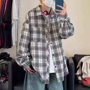 Contrast Color Plaid Long Sleeve Shirt for Men and Women Couple Spring and Autumn American Vintage Ruffian Handsome Casual Loose Shirt Coat Trendy