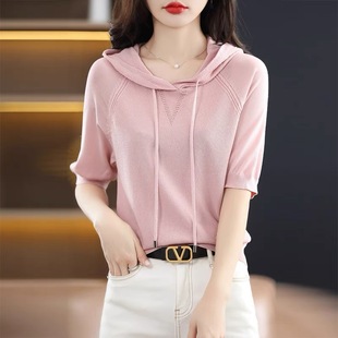 Ice Silk Short-sleeved T-shirt Women's Spring and Summer Half-sleeved Top Pullover Casual Hooded Sweater with Hat Thin Sweater