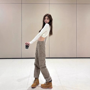 American Style Hot Girl khaki Tooling Jeans Women's Autumn and Winter High Waist Slimming Tall Lasting Casual Mop Pants