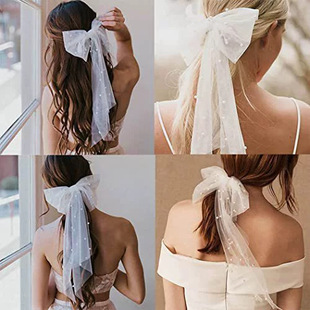Cross-border new bridal headdress shoulder strap suit European and American pearl bow super fairy mesh ribbon hair accessories wholesale