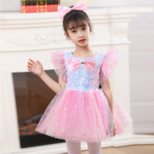 Six One New Children's Veil Dress Performance Clothes Poncho Dress Dance Clothes Kindergarten Cute Princess Dress Sequin Performance Clothes