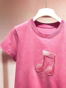 Pink Gradient Note Short-sleeved T-shirt Women's Summer 2025 New Design Sense Niche Unique Chic Shoulder Top