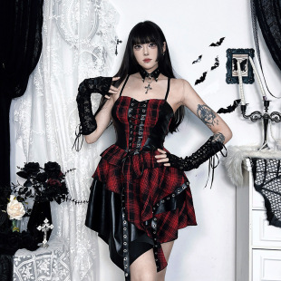 Cf25137 Irregular Punk Sexy Plaid Skirt Summer New Subculture Elegant Versatile Dark Style Long Skirt