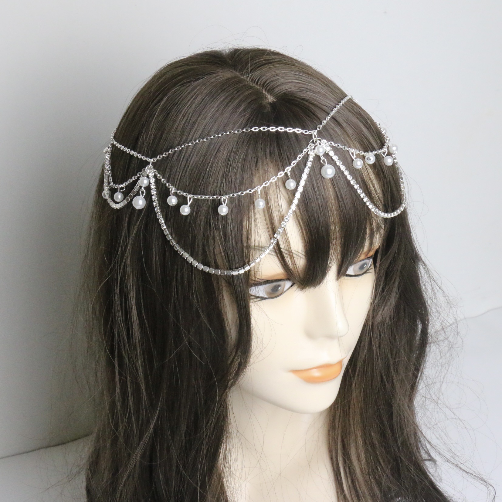 European and American foreign trade hot-selling products temperament pearl rhinestone hair band headdress wedding jewelry fashion diamond bride forehead chain