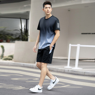 Men's Running Quick-drying Sports suit Men's Summer Ice Silk Plus Fertilizer Plus Coat Shorts Short-sleeved Sportswear suit Summer