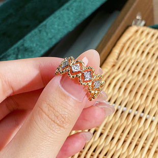 Golden Middle Ancient Simple Exquisite Light Luxury Zircon Open Ring Women's Niche Design French High-grade Ring