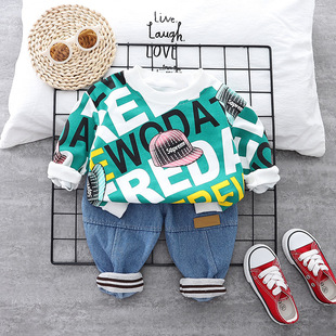 Five small seven children's clothing 2024 spring and autumn new 0-4 years old boys and girls full printed large letters sweater jeans 2 suit