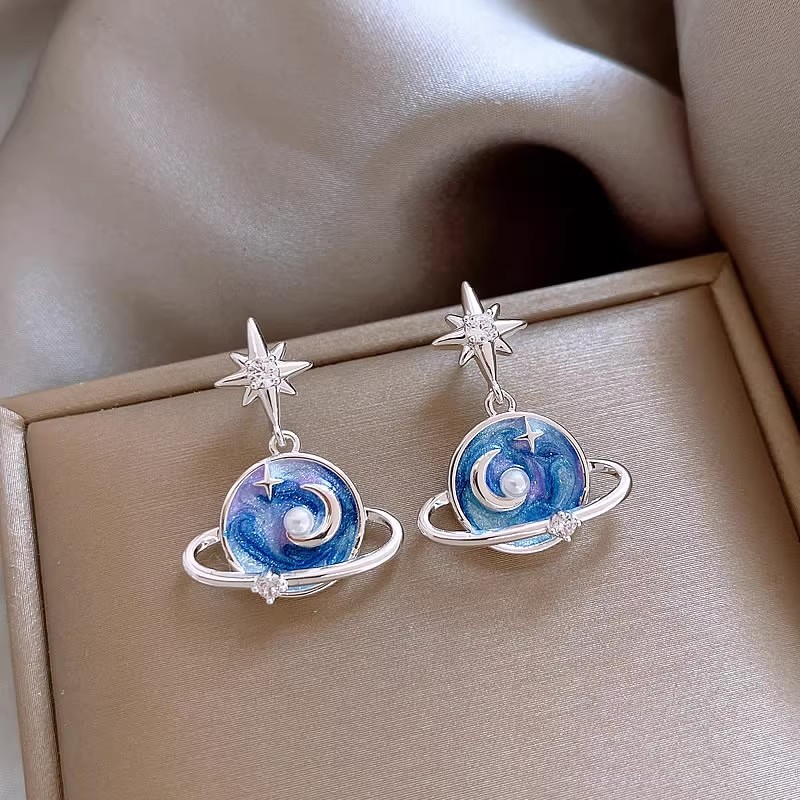 Silver Eight-Pointed Star Halo Planet Earrings for Women Niche Design Earrings Unique Exquisite Earrings 925 Silver Needles