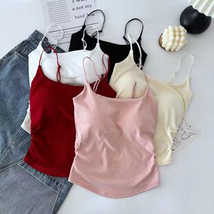 New Pure Lust Sweet and Spicy Design Pleated Camisole for Women with Breast Pads for Inner Wear and Outer Wear Slimming Back Top