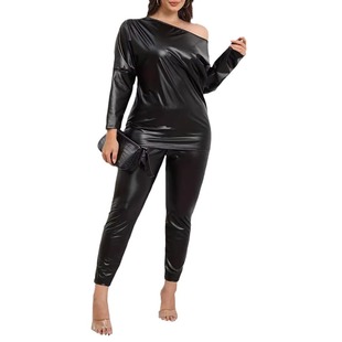 C8906 Cross-border Amazon European and American New Solid Color One-character Collar plus size Women's Slim-fit Slim-fit Leather suit
