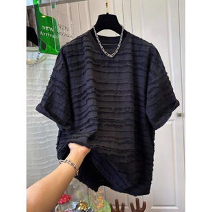 Official figure summer extra-large size 240kg striped texture design short sleeve loose T-shirt women's top generation