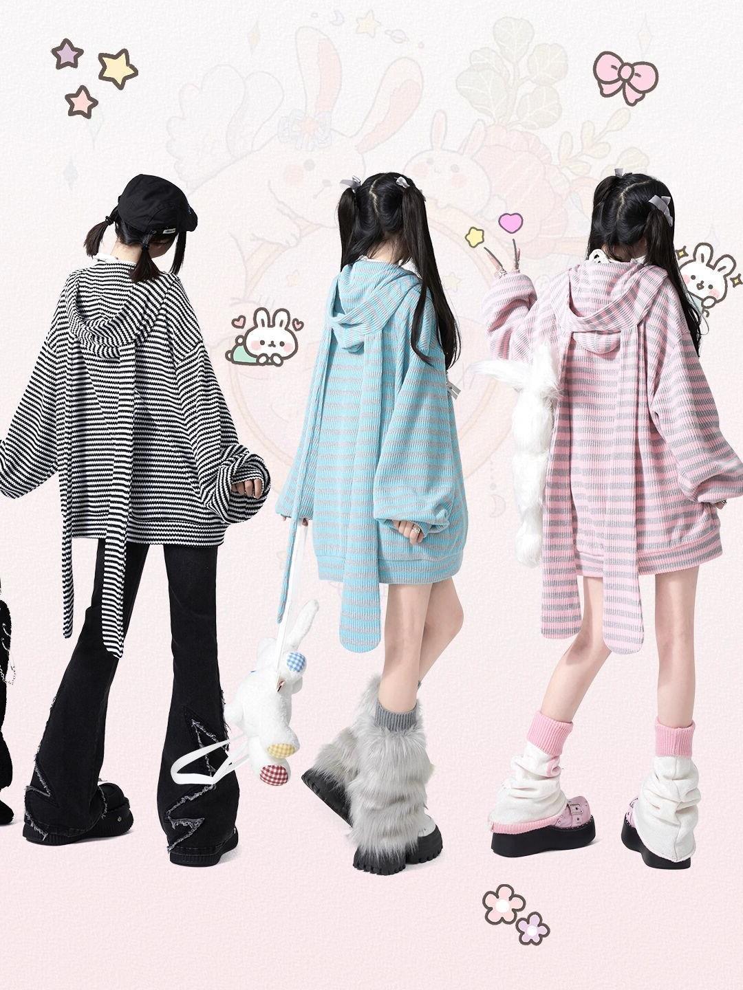 Striped Rabbit Ear Hooded Knitted Cardigan Jacket for Women 2026 Spring and Autumn New Style Loose Lazy Style Sweater Top