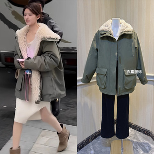 [Making Goods] Zhao Lusi Same Style | Army Green Tooling Cotton-padded Clothes Women 2024 Winter New Thick Lamb Fleece