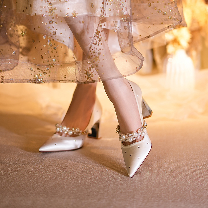 Z13-X805 New White Satin Pointed-Toe High-Heeled Shoes for Women with Pearl Chunky Heels and Rhinestones, Lolita Style, Height Increase of 7cm