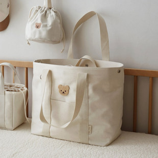 South Korea Ins Same Style Mummy Bag Bear Canvas Mother and Baby Bag Large Capacity Outgoing Storage Bag Portable Mother Bag