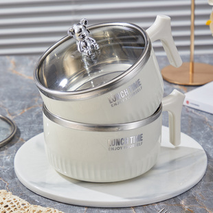 304 stainless steel ins style draining instant noodle bowl bear student rice bowl with lid instant noodle bowl large capacity office worker